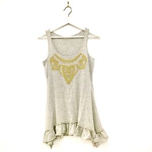 Boho Grey Long Ruffle Hem Sleeveless Summer Cotton Tank Top Gold Embroideref
